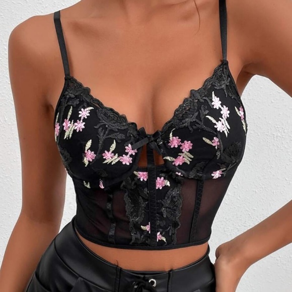 Black Floral Embroidered Sheer Corset Crop Top - Picture 4 of 4
